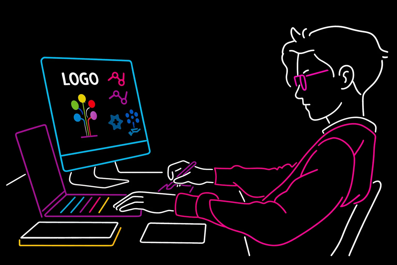 A professional digital banner with a dark background and a clear, stylized title reading "Logo Designing," featuring graphics of abstract shapes, design tools, or various branding concepts.