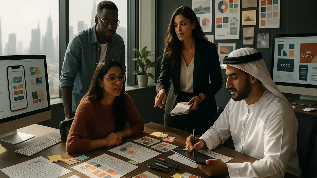 Team collaborating on design layouts in a modern office with branding materials on the table.