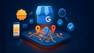 3D illustration of a Google Maps interface with location pins and business rating icons.