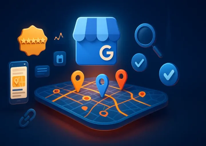 3D illustration of a Google Maps interface with location pins and business rating icons.