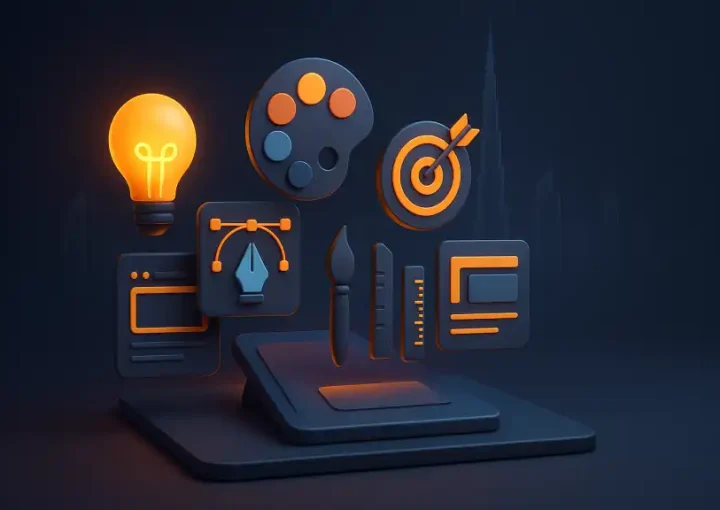3D icons of design tools, lightbulb, palette, and target glowing on a dark background.