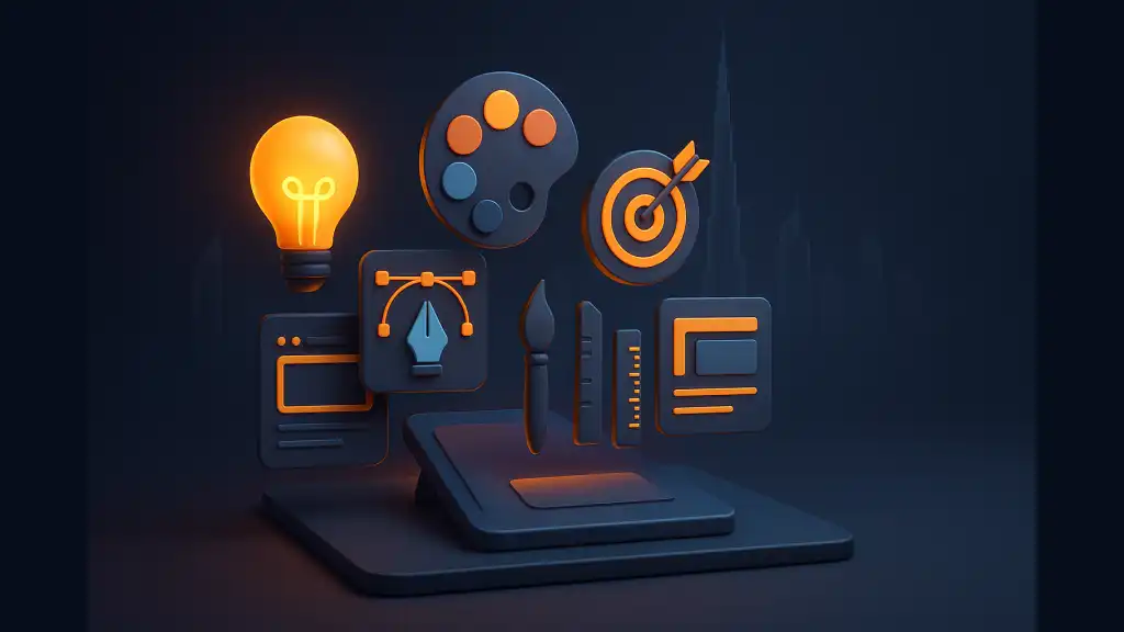 3D icons of design tools, lightbulb, palette, and target glowing on a dark background.