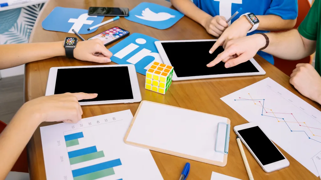 Main image for "Latest Social Media Marketing Strategies," showing icons and digital devices.