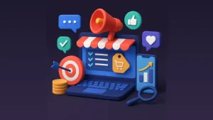 3D rendering of performance marketing for small businesses with laptop, megaphone, target, and icons.