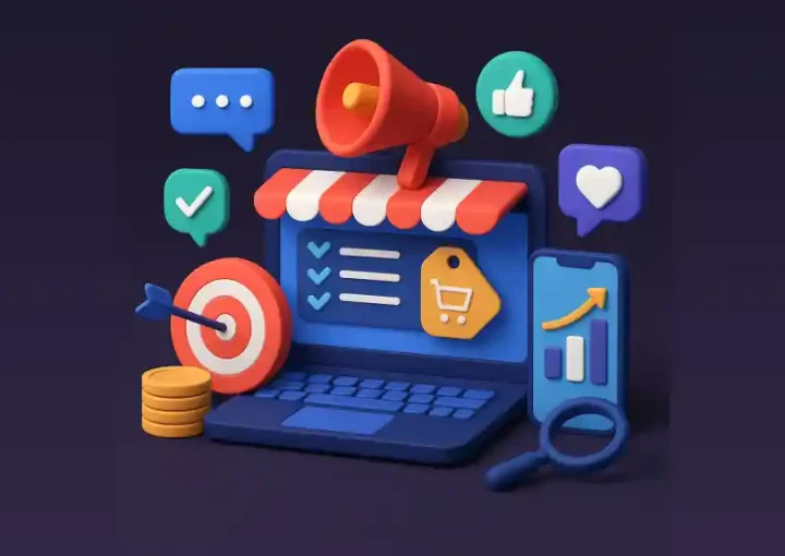 3D rendering of performance marketing for small businesses with laptop, megaphone, target, and icons.