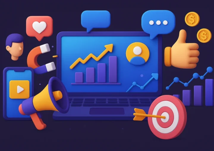 3D illustration: laptop with growth chart, megaphone, phone, social media, marketing icons.