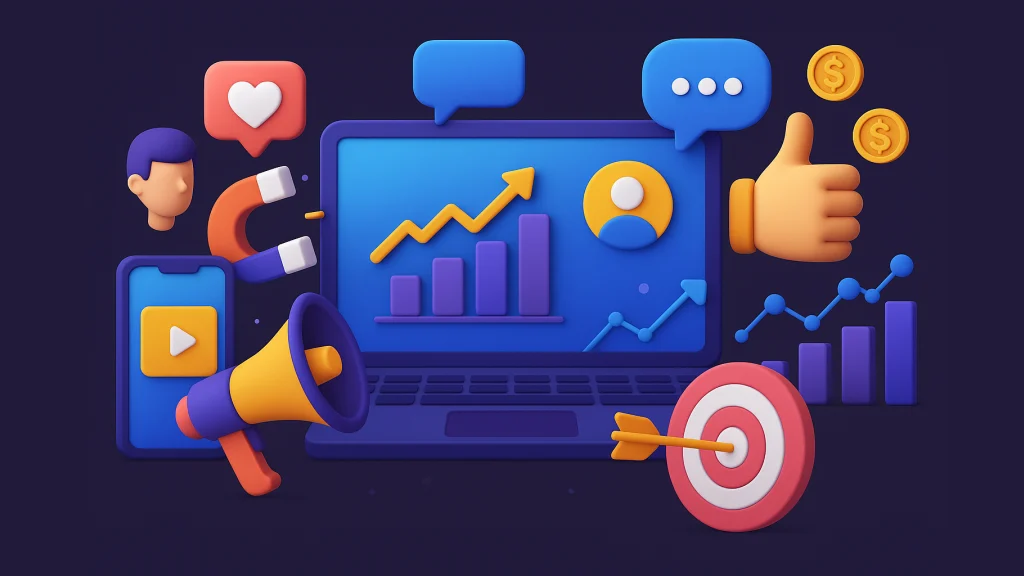 3D illustration: laptop with growth chart, megaphone, phone, social media, marketing icons.