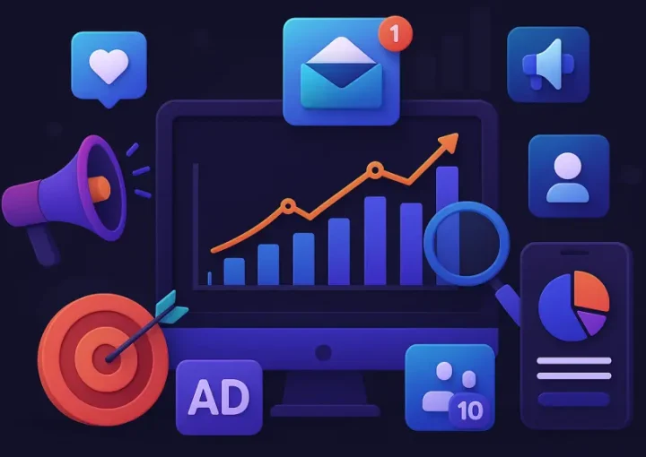 Feature image for Top Digital Marketing Trends in the UAE, showing icons and visual data.