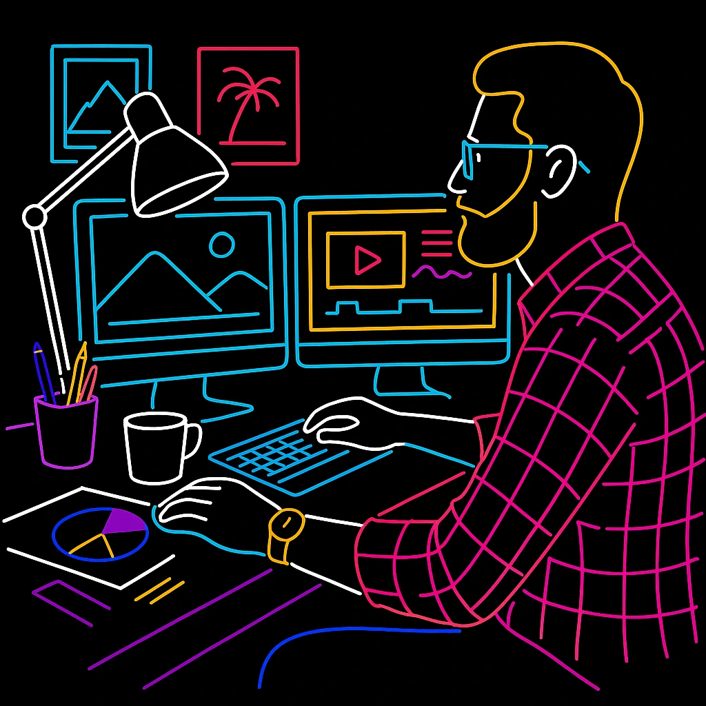 A professional digital banner with a dark background and a clear, stylized title reading "Video Editing, Branding & Designing," featuring graphics that symbolize film strips, play buttons, or visual design elements.