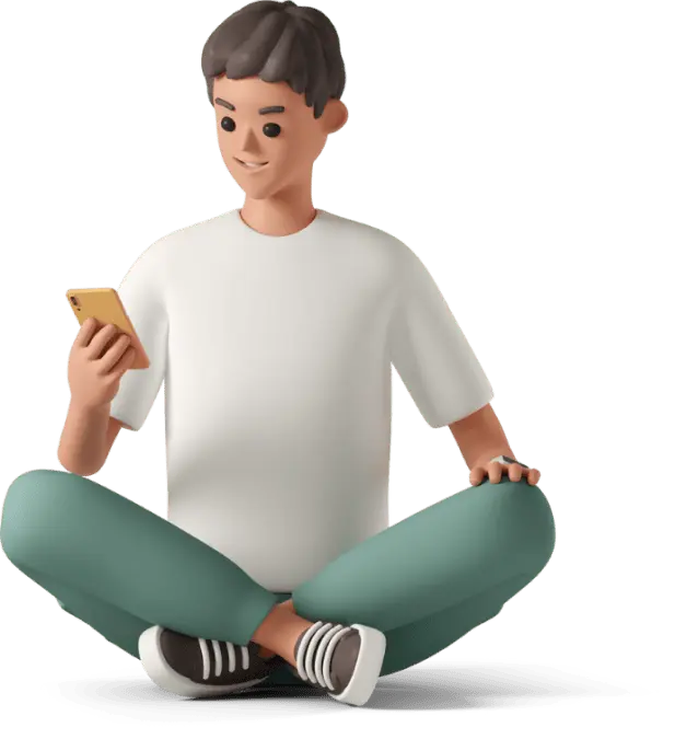 3D illustration of a young man sitting cross-legged and looking at a smartphone, wearing a white t-shirt, green pants, and sneakers, representing digital communication or social media use.