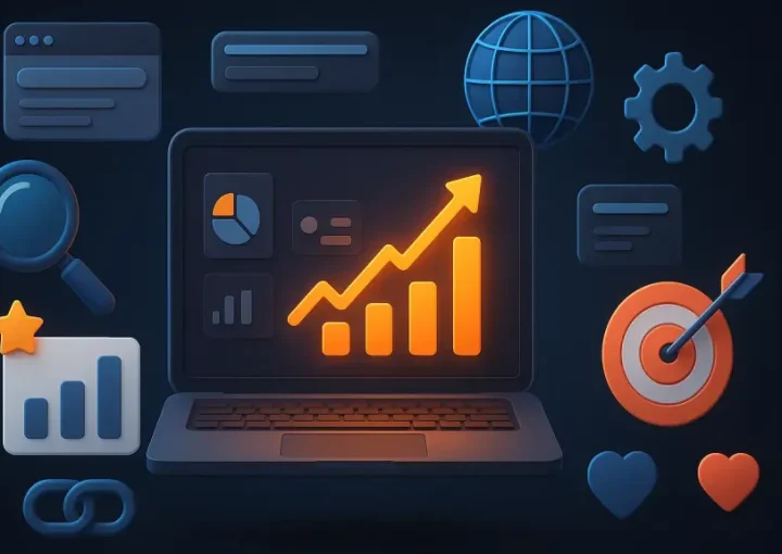 Laptop with rising SEO graph surrounded by digital marketing and analytics icons.