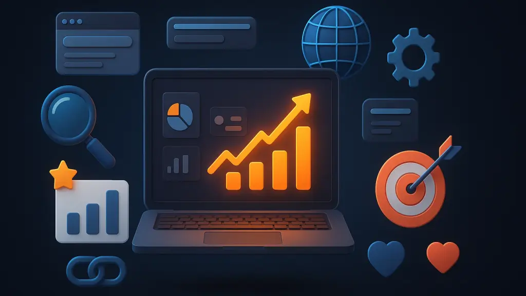 Laptop with rising SEO graph surrounded by digital marketing and analytics icons.