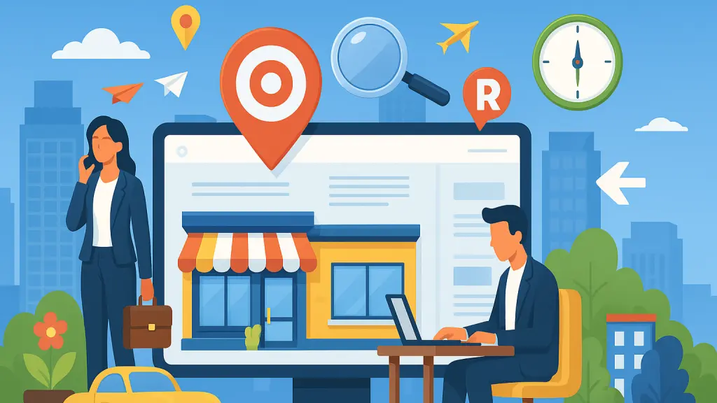 Illustration of a local business displayed online with location targeting and digital marketing concepts.