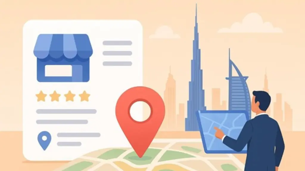 Illustration of a man viewing a map with location pin and business rating icons in Dubai.