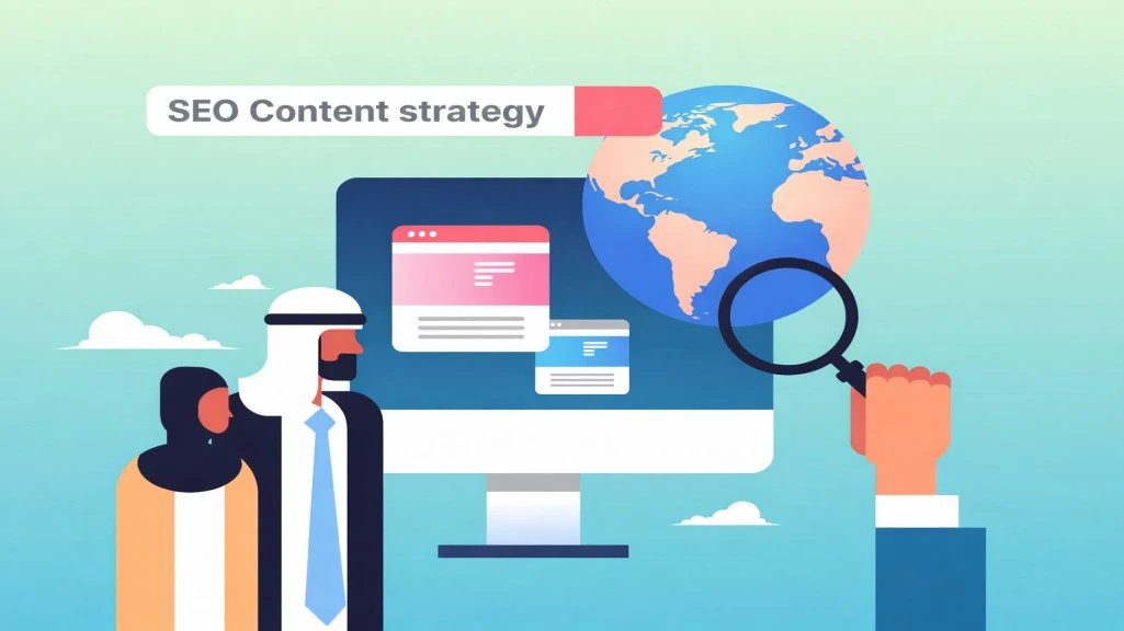 SEO content strategy illustration showing keyword research, global reach, and search optimization.