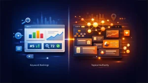 Comparison of keyword rankings and topical authority using SEO dashboards and content networks.
