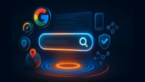Neon illustration of a Google search bar surrounded by icons for speed, location, mobile, and security.
