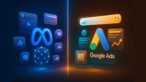 Meta Ads and Google Ads comparison illustration with digital marketing icons.