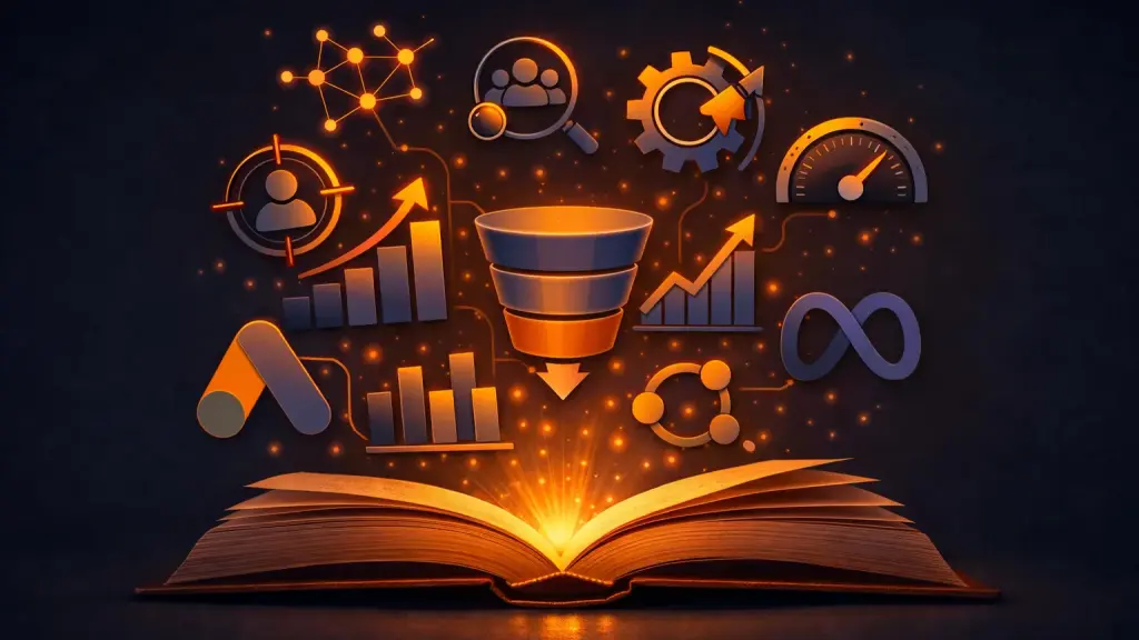 Open book with marketing, analytics, and funnel icons representing digital marketing knowledge