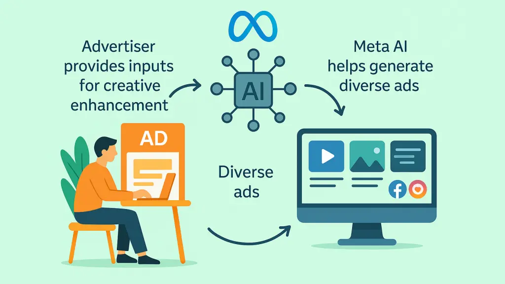 Illustration showing Meta AI generating diverse ads from advertiser inputs for better ad performance.
