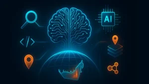 AI brain illustration with icons for search, coding, data, and location around a digital globe.