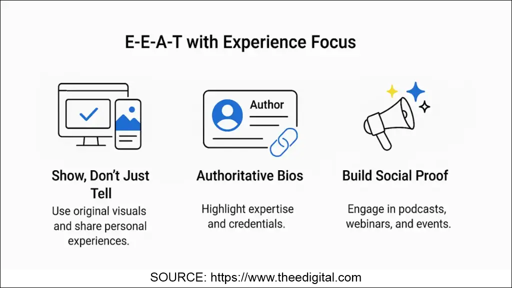 Graphic explaining E-E-A-T with visuals for expertise, author bios, and social proof.