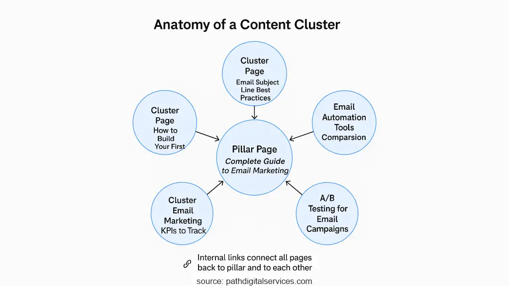Diagram explaining content clusters with a pillar page and internally linked topic pages.