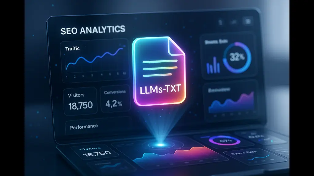 Digital illustration of an LLMS.txt file glowing above SEO analytics charts and performance data.