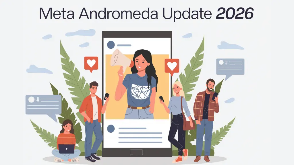 Illustration of creators and users engaging with Meta ads on mobile with social interactions.