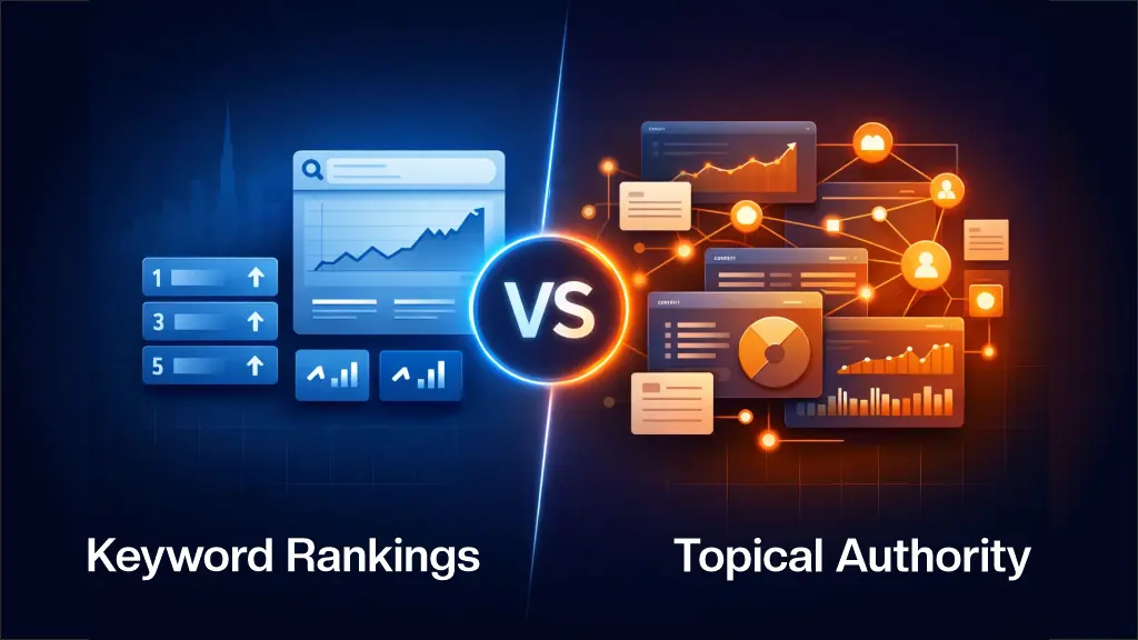 SEO comparison graphic showing keyword rankings versus topical authority strategies.
