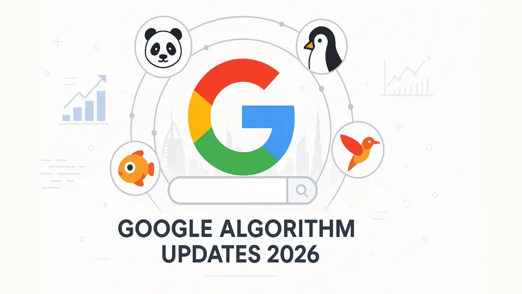 Google logo with Panda, Penguin, Hummingbird and other icons.