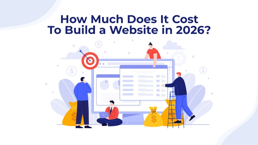 Illustration showing people building a website with cost icons and pricing elements for 2026.