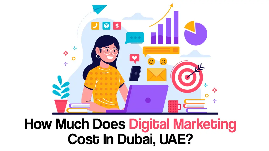 Illustration showing digital marketing costs in Dubai with charts, icons, and a marketer at a laptop