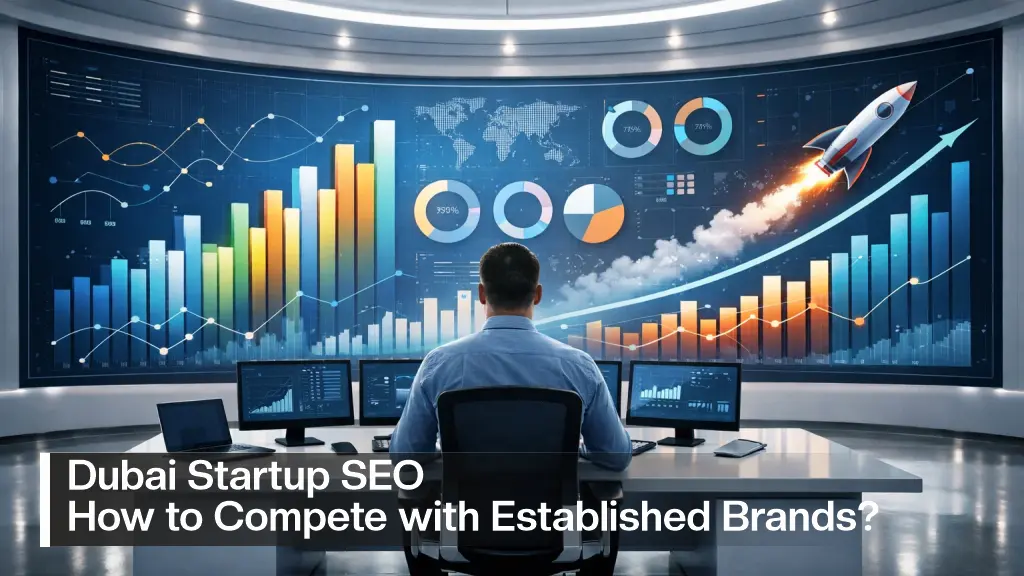 Analyst reviewing SEO performance dashboard with growth charts for a Dubai startup.