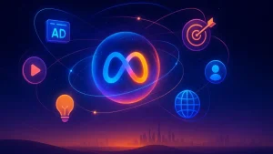 Meta infinity logo surrounded by digital ads, targeting, analytics, and global marketing icons.