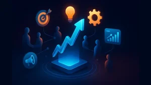 Digital illustration of business growth with arrows and strategy icons.