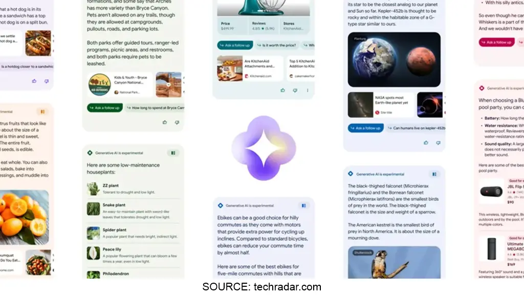 Google AI overviews shown across multiple search result cards with examples of generated answers.