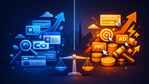 SEO vs SEM comparison illustration with growth charts and balance scale