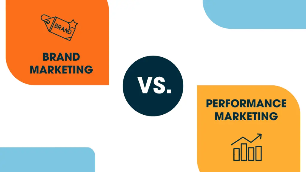 Brand marketing versus performance marketing comparison graphic showing branding and growth icons side by side