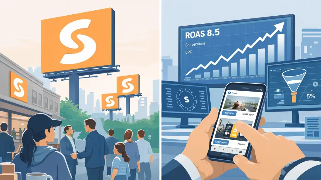 Brand building versus performance marketing showing billboards for awareness and mobile ad dashboard with ROAS**
