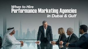Business meeting discussing when to hire performance marketing agencies in Dubai and Gulf region