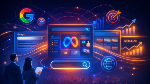 Google Ads and Meta Ads dashboard illustration showing campaign data, targeting, and ROI growth trends