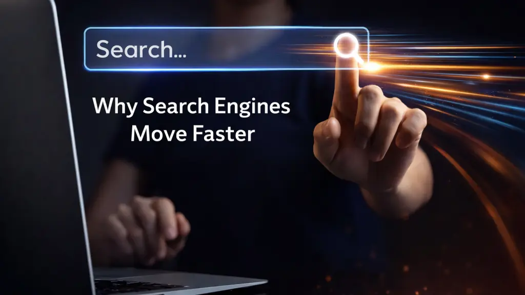 User interacting with search bar illustrating why search engines deliver faster results.