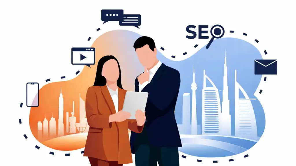 SEO strategy illustration showing content planning and optimisation for modern businesses.