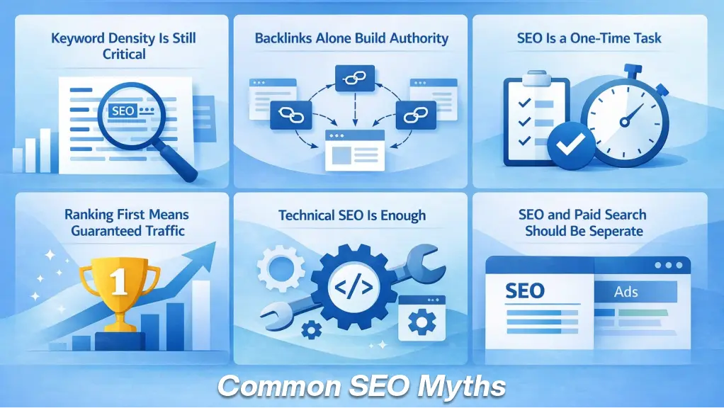 Common SEO myths illustrated with icons about backlinks, keyword density, and rankings