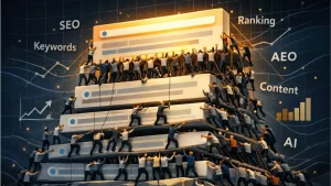 Visual showing teams stacking search result pages symbolizing pressing SEO challenges of 2026 and ranking competition