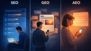 SEO, GEO and AEO illustrating the shift from search rankings to AI-driven digital answers