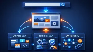 Website SEO flow showing on-page SEO, technical SEO, and off-page SEO connected in a process diagram