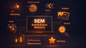 Search Engine Marketing 2026 guide what it is and how to do it with SEM charts and target icon set