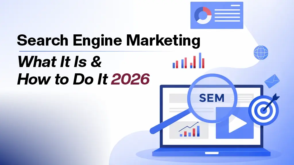 SEM search engine marketing laptop with icons for ranking, links, content, target group, and analytics